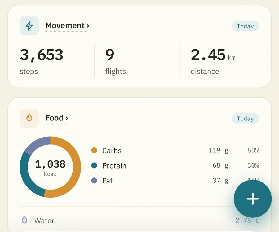 Two tiles from the dashboard: Movement showing 3,653 steps, 9 flights and 2.45 km, and Food showing 1,038 kcal as a macro ring with carbs, protein and fat beside it.