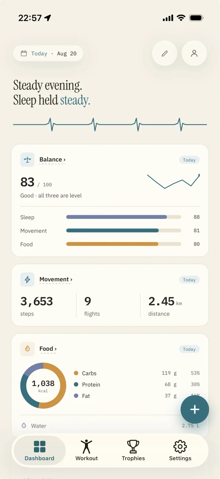 The Metrics Nest dashboard on a Thursday evening: "Steady evening. Sleep held steady.", a Balance score of 83, a Movement card with 3,653 steps, and a Food card with 1,038 kcal broken into carbs, protein and fat.